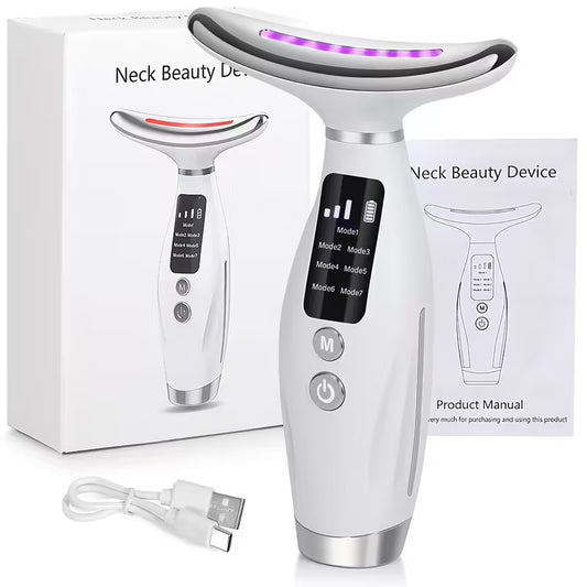Neck beauty device with packaging and USB cable on a white background
