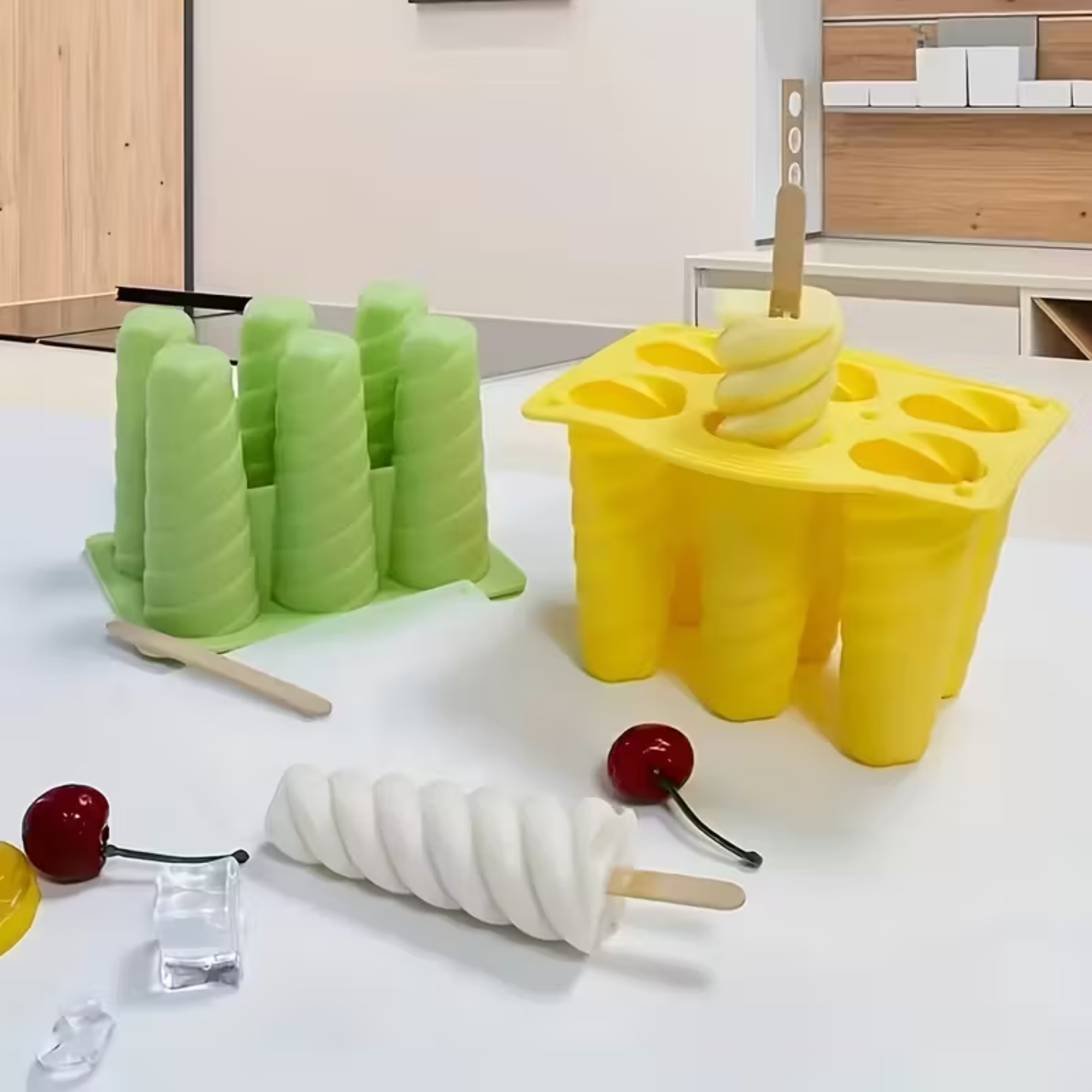 6-Cavity Spiral Popsicle Maker Mold – BPA-Free Ice Cream Mold with Stand & Hanging Loop, Reusable Non-Toxic Design for Homemade Ice Cream, Sorbet & Slushies (Green & Black Pastel)