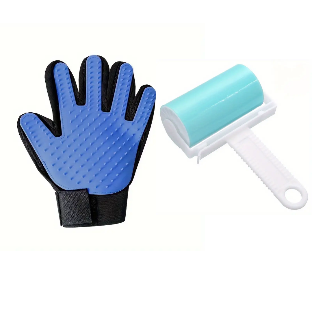 Pet Grooming Hair Removal Glove & Washable Lint Remover Set – Gentle Fur Brush with One-Click Hair Release & Portable Sticky Roller for Clothes, Furniture, Cats & Dogs