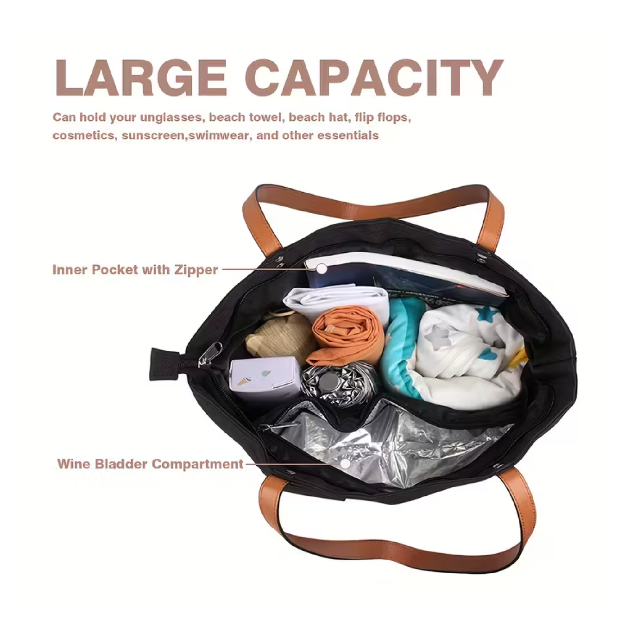 Elegant Black Insulated Wine Tote with Faux Leather Handles – Includes 3 Wine Bladder Bags & Spout, Leakproof Oxford Cloth Wine Bag for Travel, Beach, Picnics & Gifts