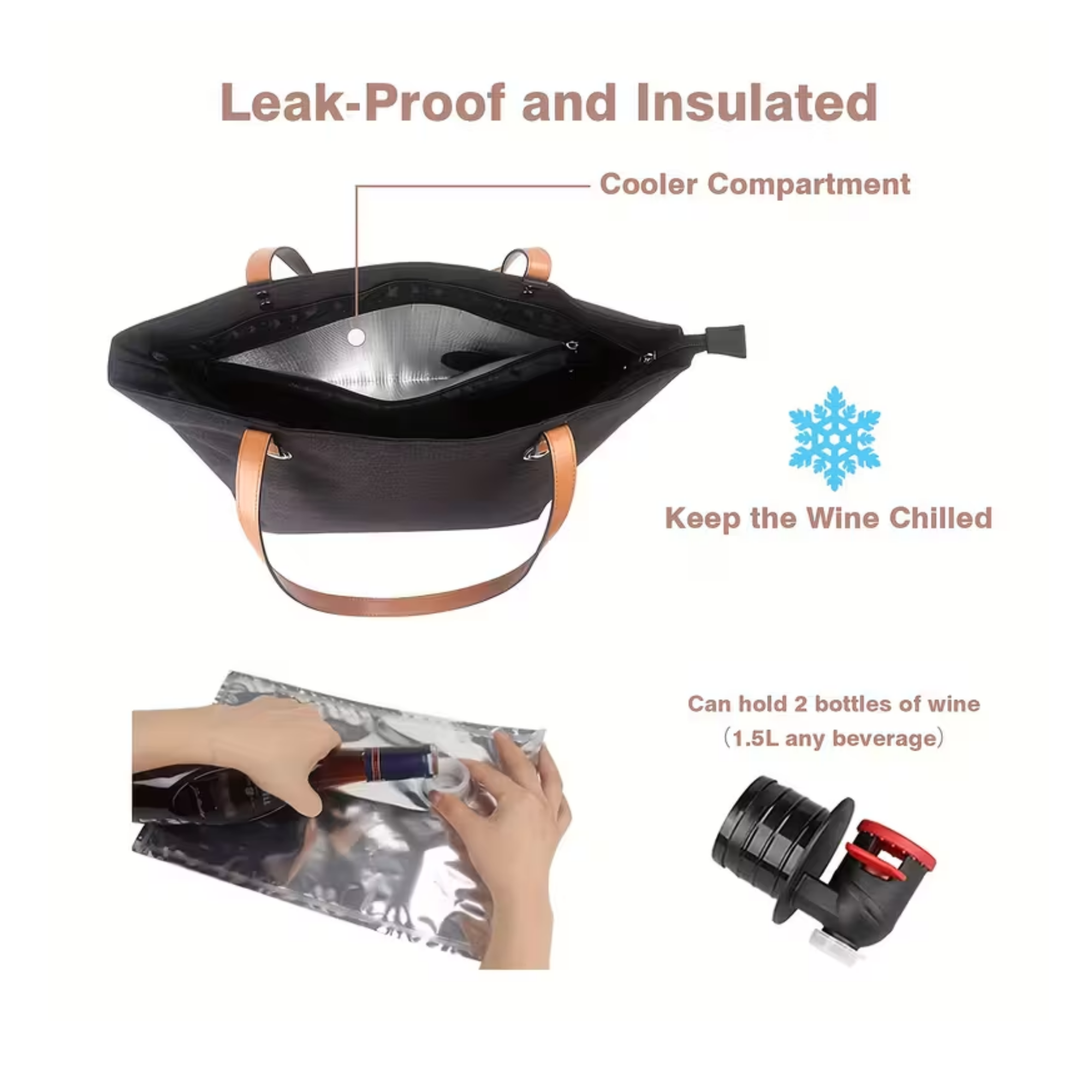 Elegant Black Insulated Wine Tote with Faux Leather Handles – Includes 3 Wine Bladder Bags & Spout, Leakproof Oxford Cloth Wine Bag for Travel, Beach, Picnics & Gifts