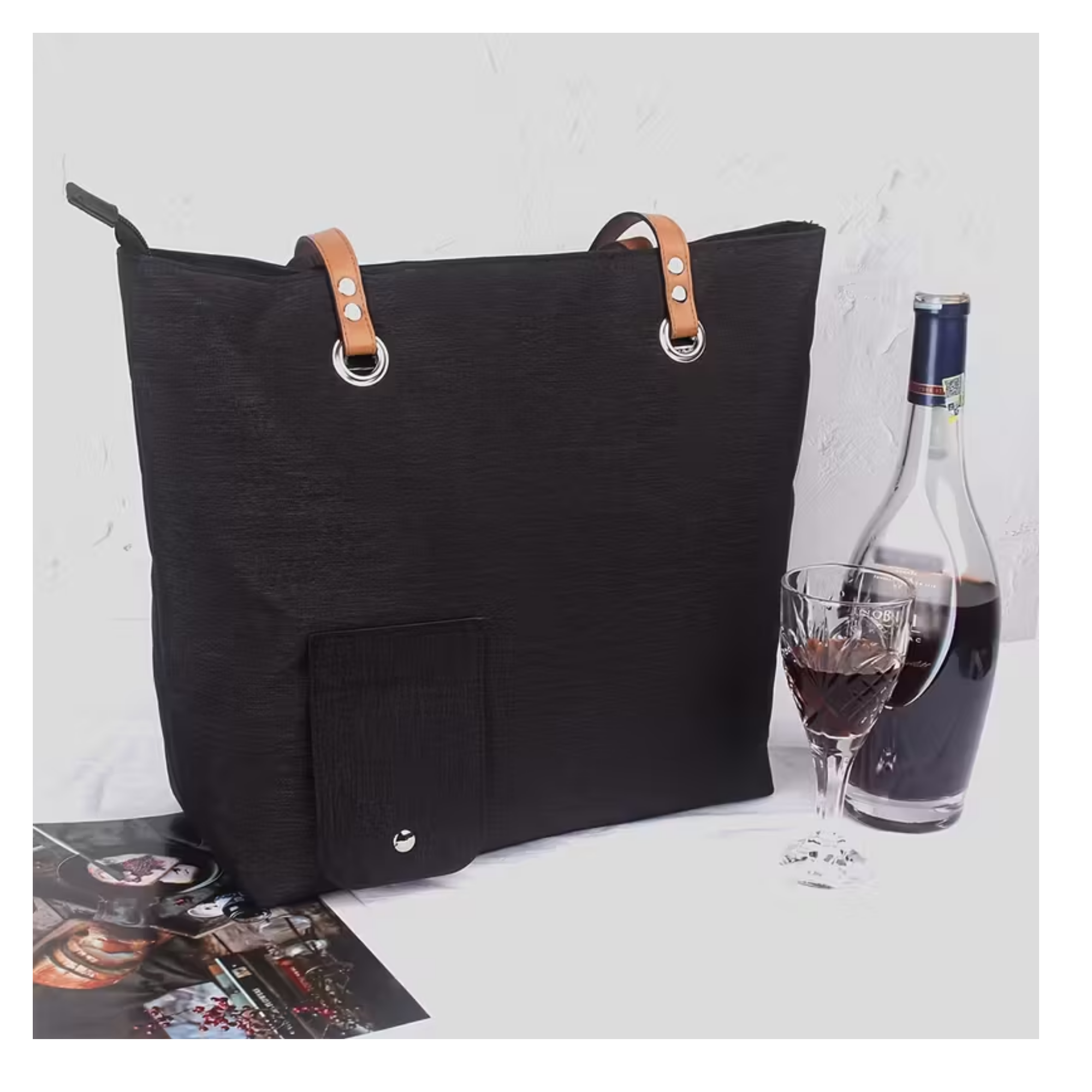 Elegant Black Insulated Wine Tote with Faux Leather Handles – Includes 3 Wine Bladder Bags & Spout, Leakproof Oxford Cloth Wine Bag for Travel, Beach, Picnics & Gifts