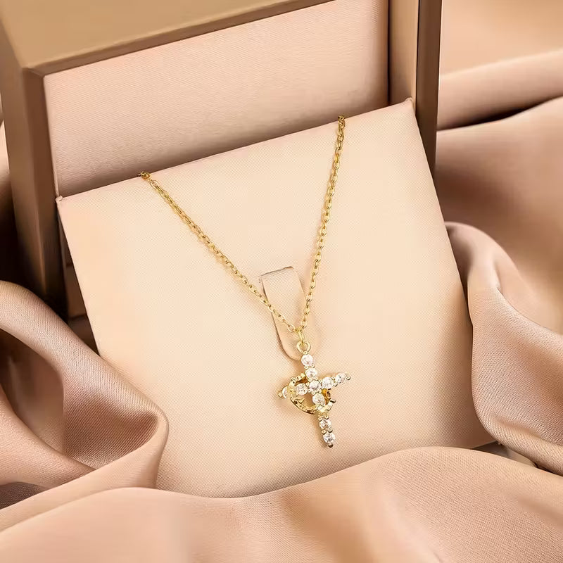 The Crown - Classic Titanium Steel Chain Necklace with Crown Cross Pendant