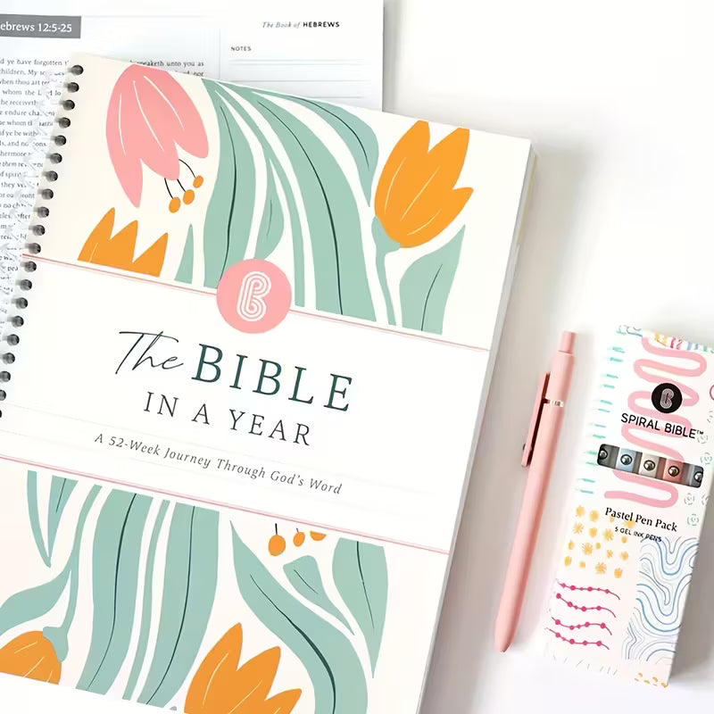 The Bible in A Year: 52-Week Women’s Bible Study & Prayer Journal – Spiral Bound Pastel Floral Devotional Book with Undated Daily Scripture Plan