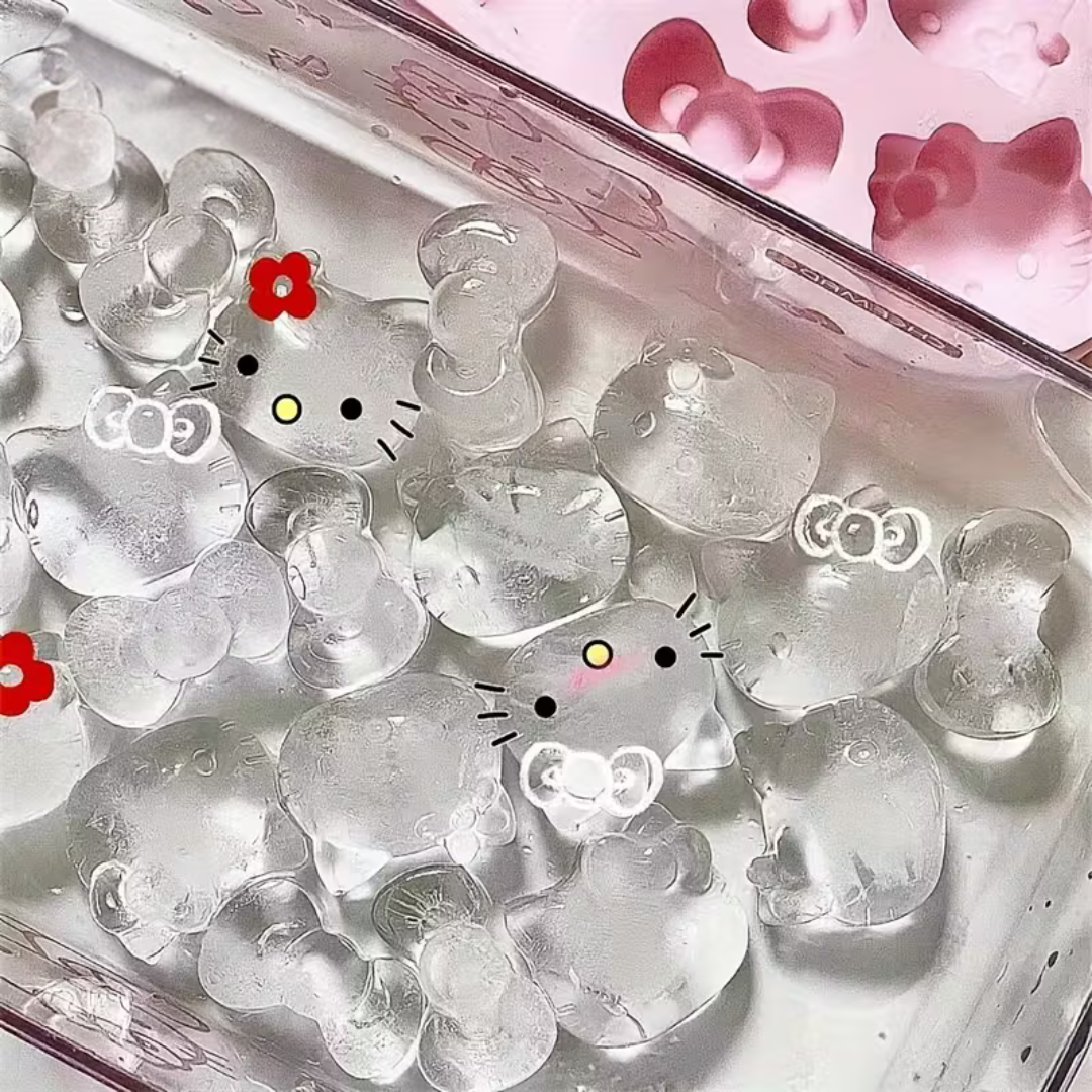 Kitty Silicone Ice Cube Tray with Lid – Cute Cartoon Cat & Bow Shapes, Flexible Pink Mold for Ice, Chocolate & Creative DIY Treats