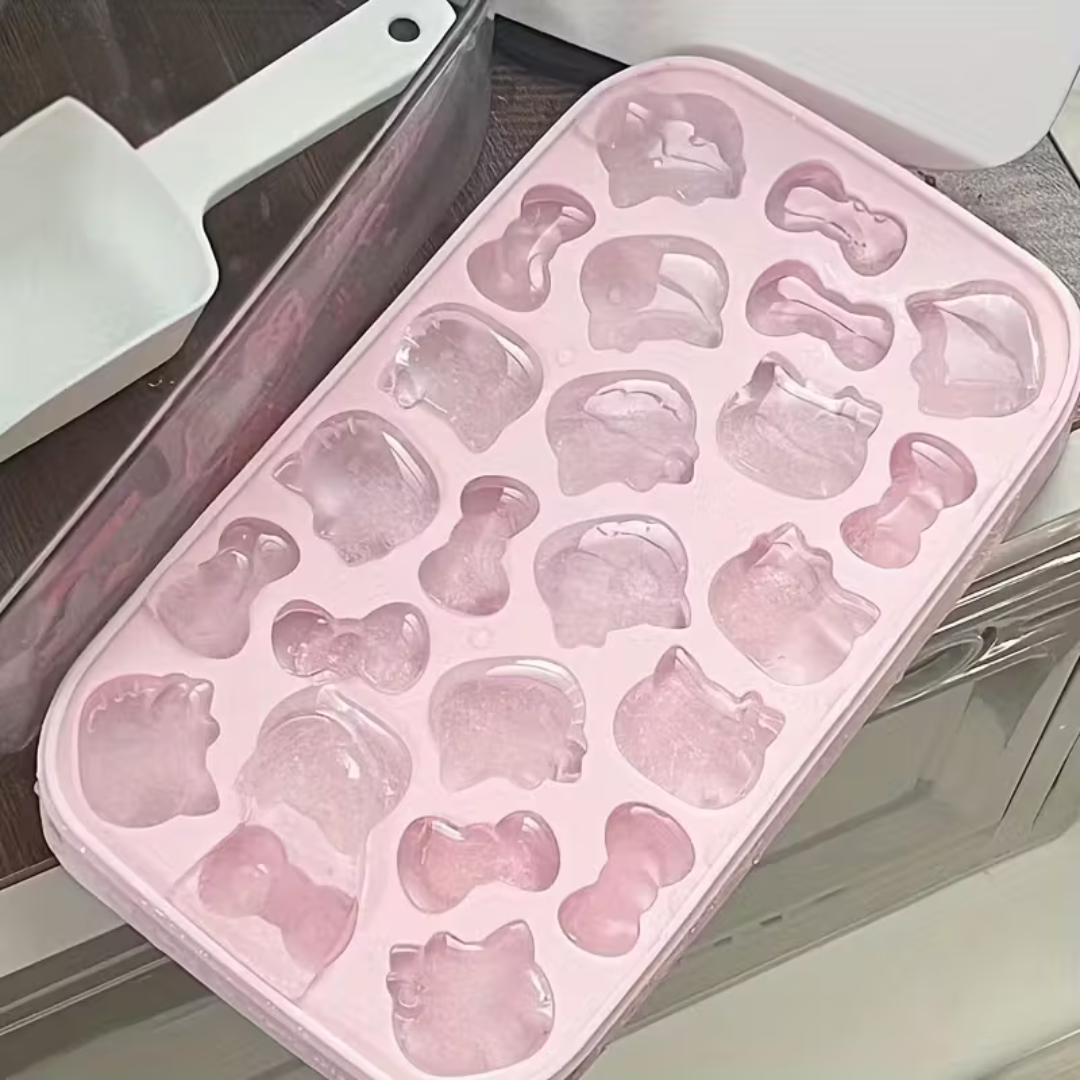 Kitty Silicone Ice Cube Tray with Lid – Cute Cartoon Cat & Bow Shapes, Flexible Pink Mold for Ice, Chocolate & Creative DIY Treats